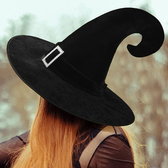 Halloween Large Ruched Rhinestone Witch Hats - Black