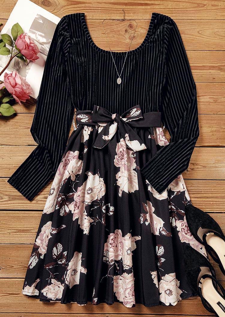 Floral Long Sleeve Tie Mini Dress - Black