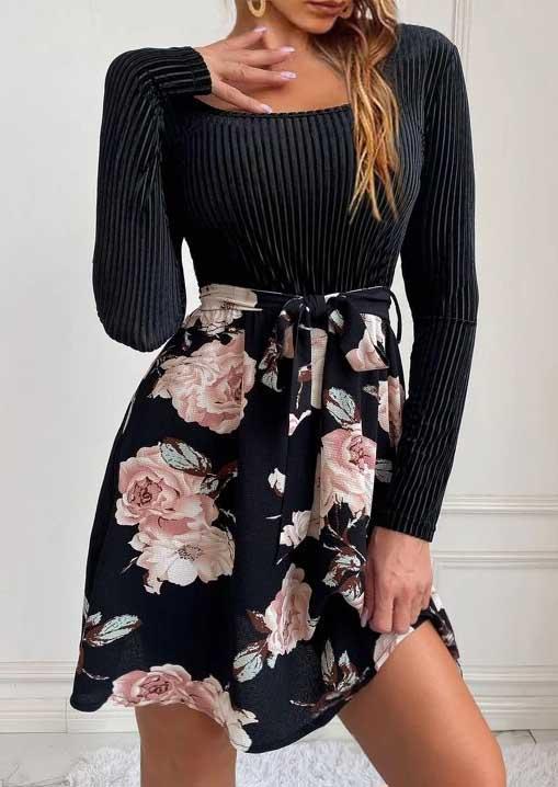Floral Long Sleeve Tie Mini Dress - Black