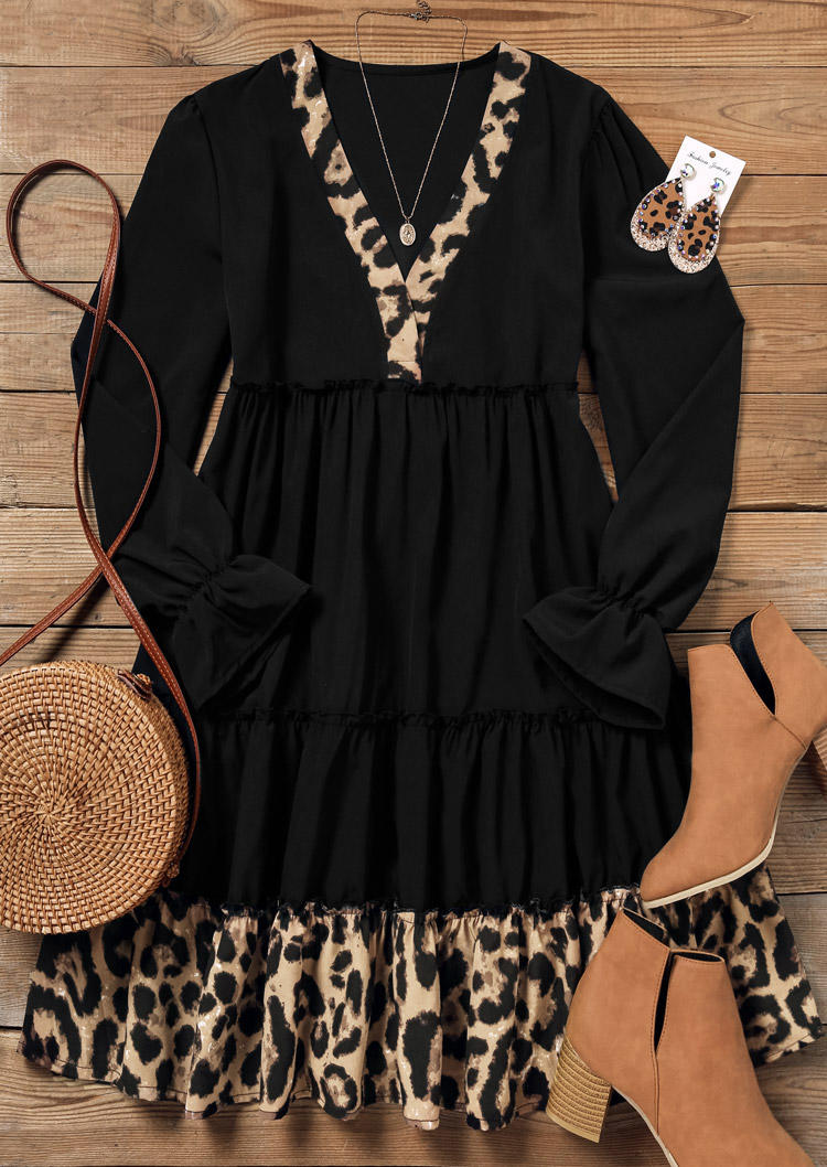 Leopard Ruffled V-Neck Mini Dress - Black