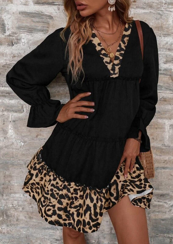 Leopard Ruffled V-Neck Mini Dress - Black