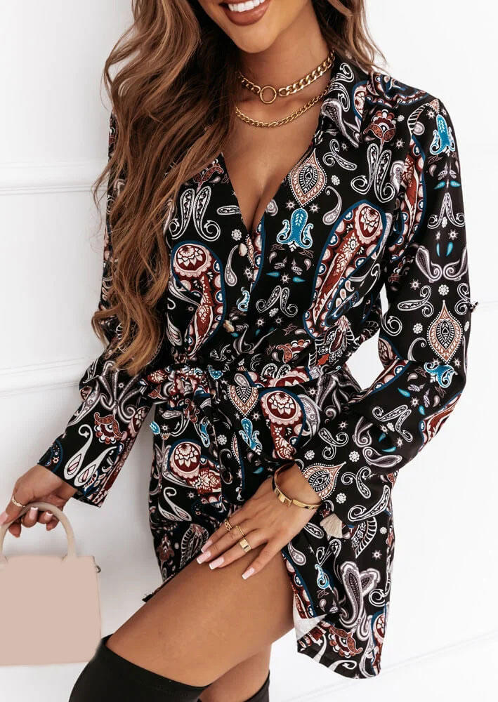 Paisley Turn-Down Collar Long Sleeve Shirt Mini Dress