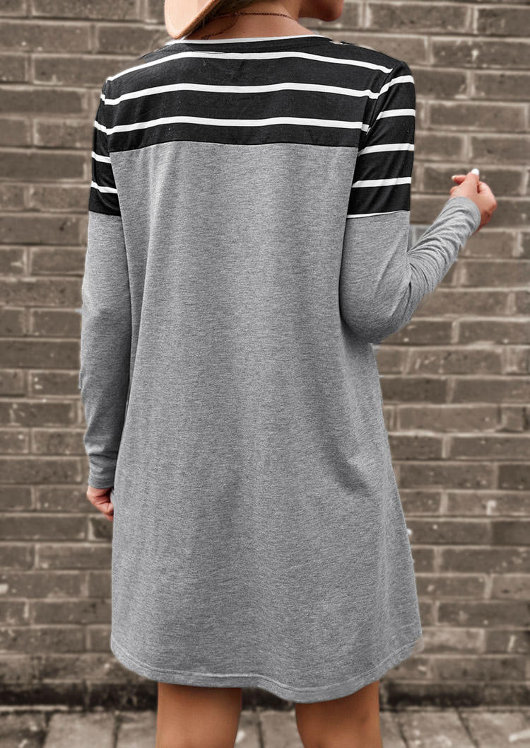 Striped Pocket Long Sleeve Mini Dress - Gray