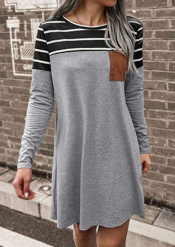 

Striped Pocket Long Sleeve Mini Dress - Gray, SCM005589