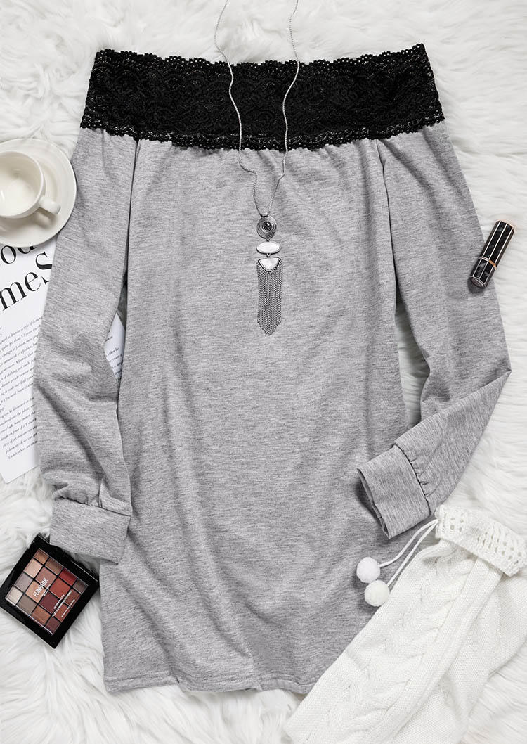 Lace Splicing Off Shoulder Sweatshirt Mini Dress - Gray