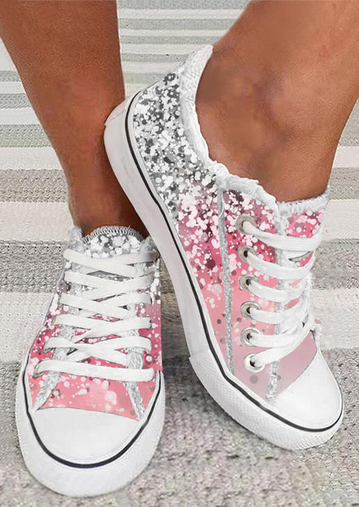 

Gradient Glitter Lace Up Flat Sneakers - Pink, SCM005758