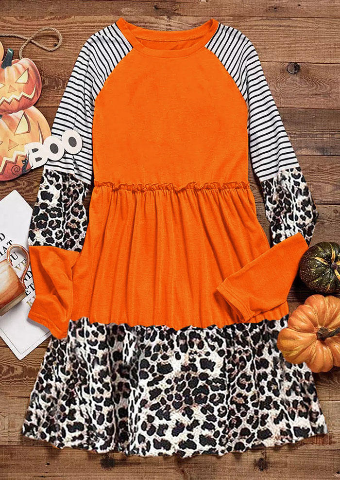 Striped Leopard Ruffled O-Neck Mini Dress - Orange
