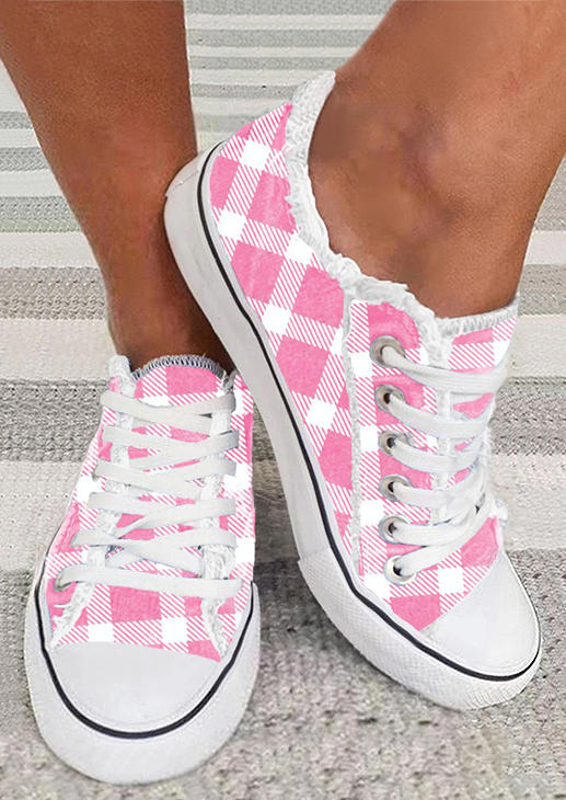 

Plaid Lace Up Round Toe Flat Sneakers - Pink, SCM005838