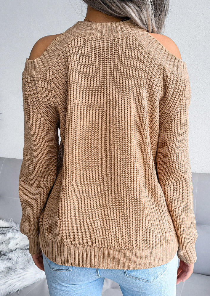 Cold Shoulder Long Sleeve O-Neck Sweater - Khaki