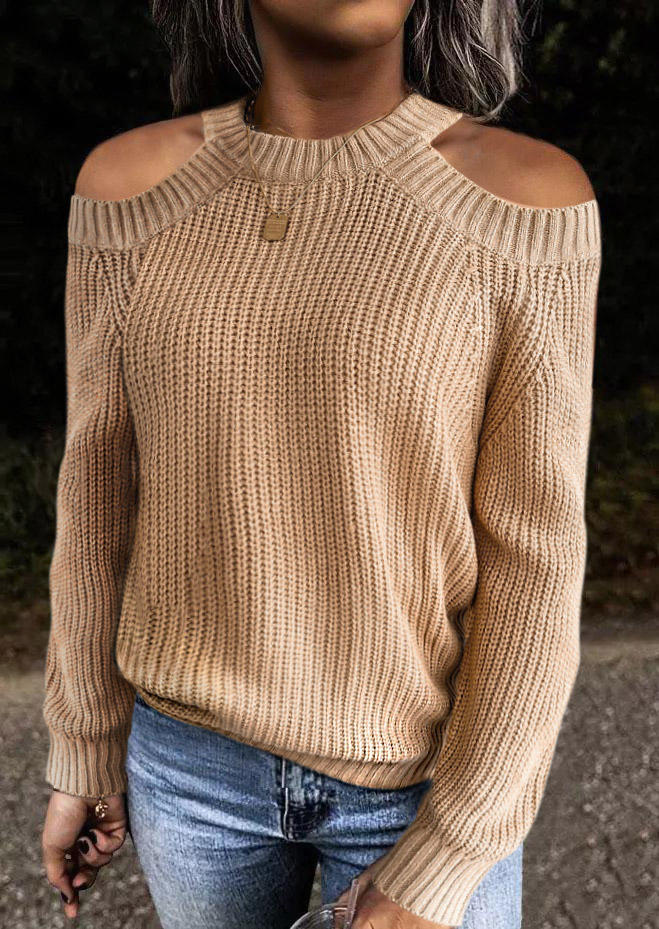 

Cold Shoulder Long Sleeve O-Neck Sweater - Khaki, SCM005101