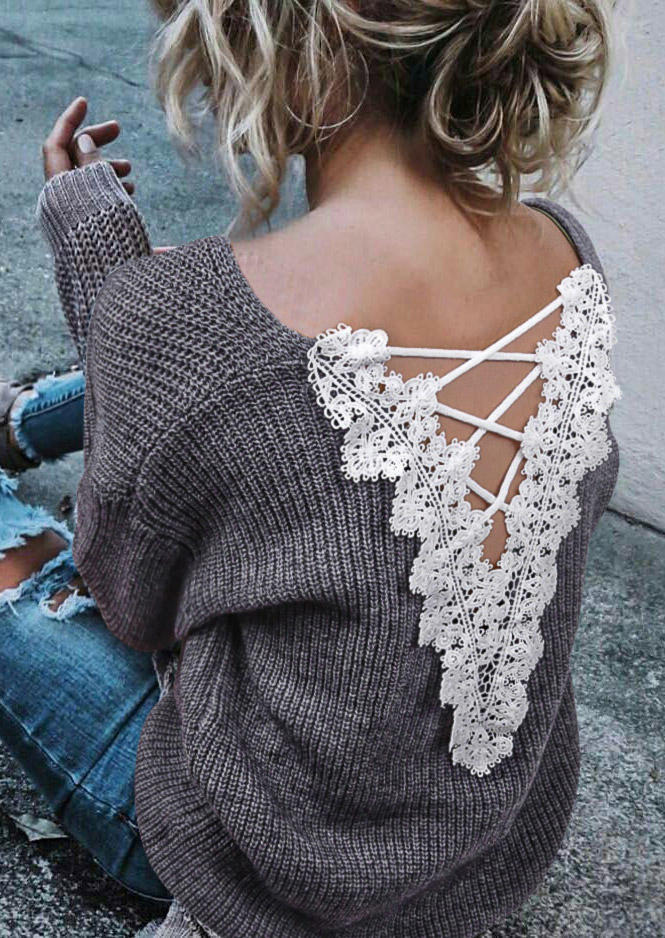 

Lace Splicing Criss-Cross Long Sleeve Sweater - Gray, SCM005147