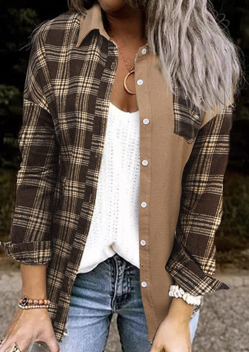 

Plaid Color Block Button Turn-Down Collar Shirt - Khaki, SCM005216