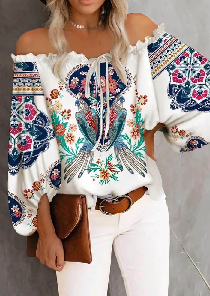

Floral Tie Ruffled Off Shoulder Blouse - White, SCM005501