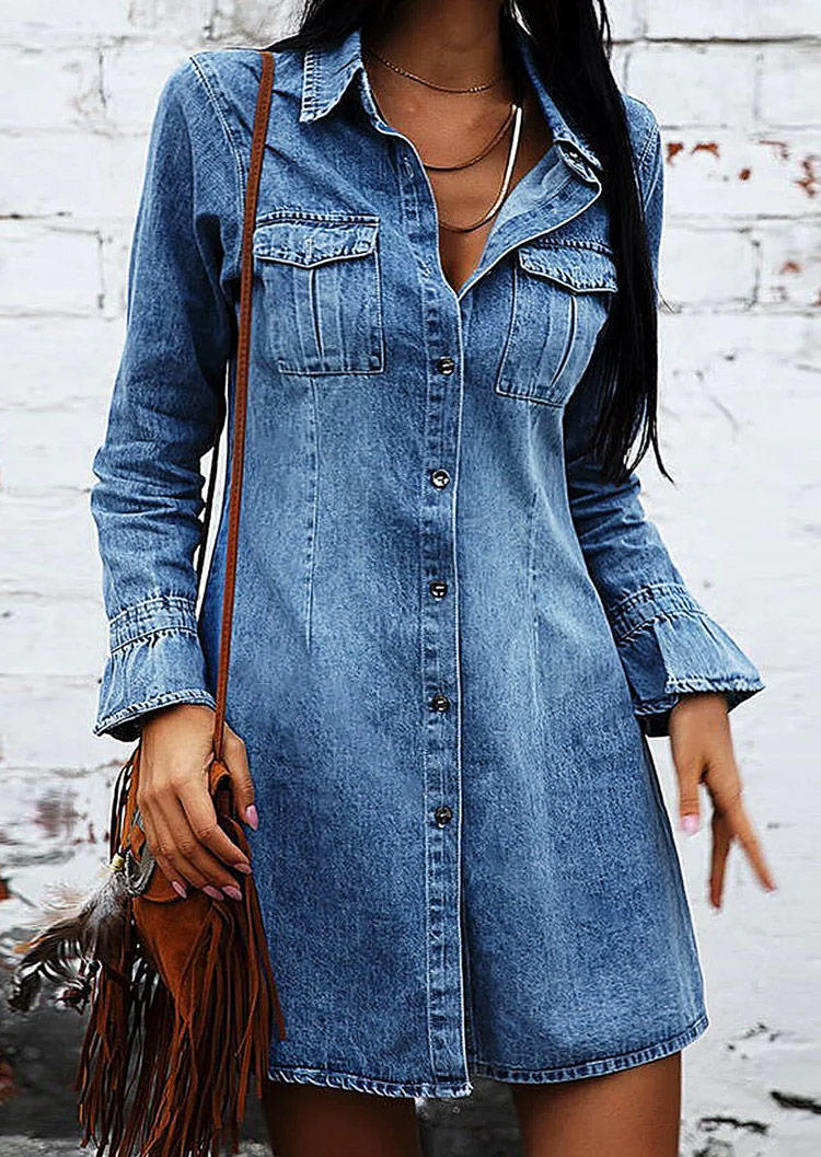 

Button Pocket Long Sleeve Denim Mini Dress - Blue, SCM005526