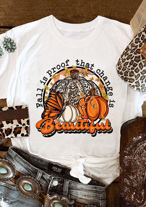 

Fall Is Proof That Change Is Beautiful Leopard Pumpkin T-Shirt Tee - White, SCM005530