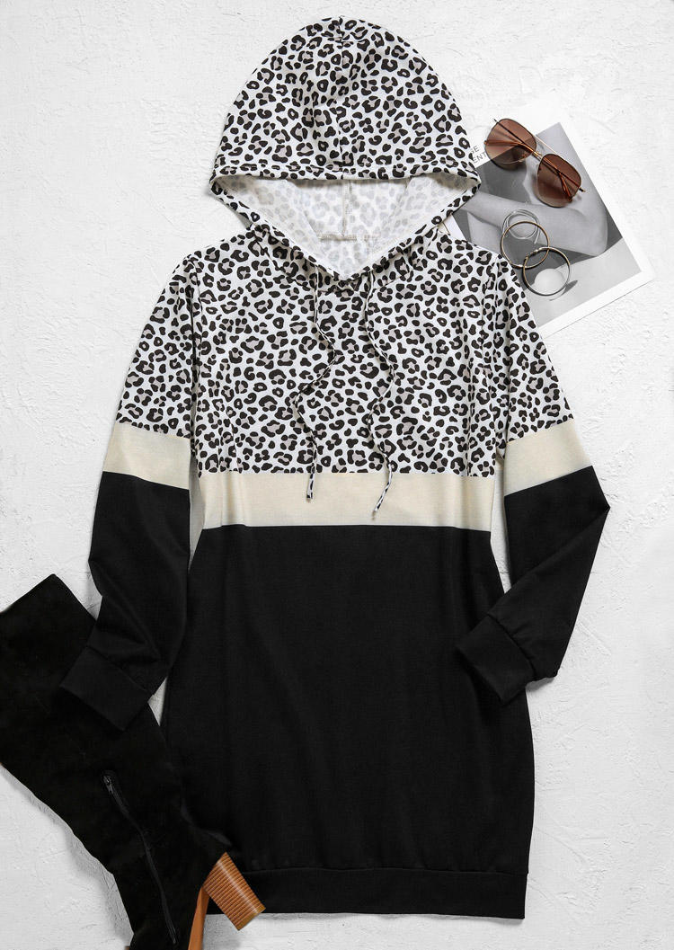 Leopard Color Block Drawstring Hooded Mini Dress