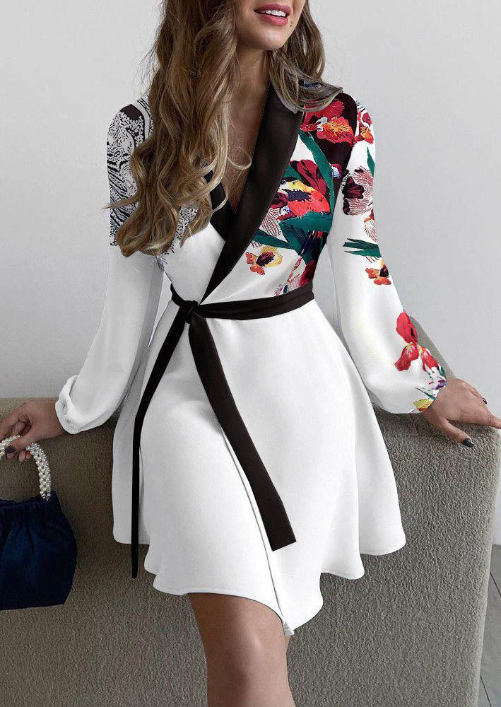 Floral Long Sleeve Wrap V-Neck Mini Dress - White