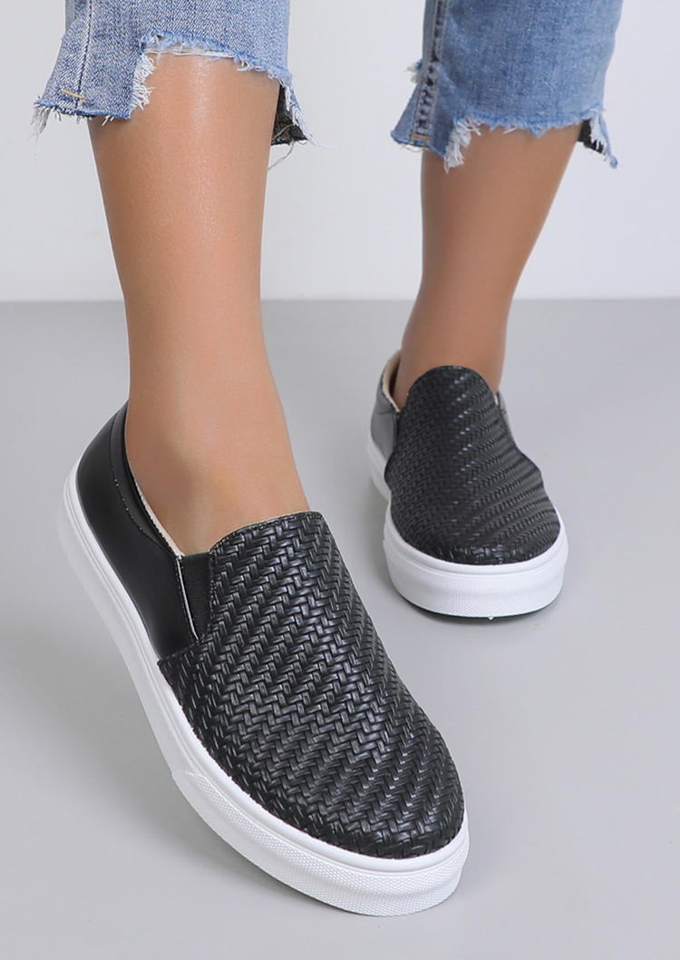 PU Leather Slip On Round Toe Flat Sneakers - Black
