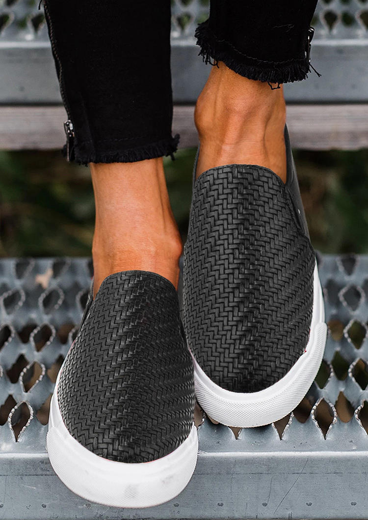 

PU Leather Slip On Round Toe Flat Sneakers - Black, SCM005585