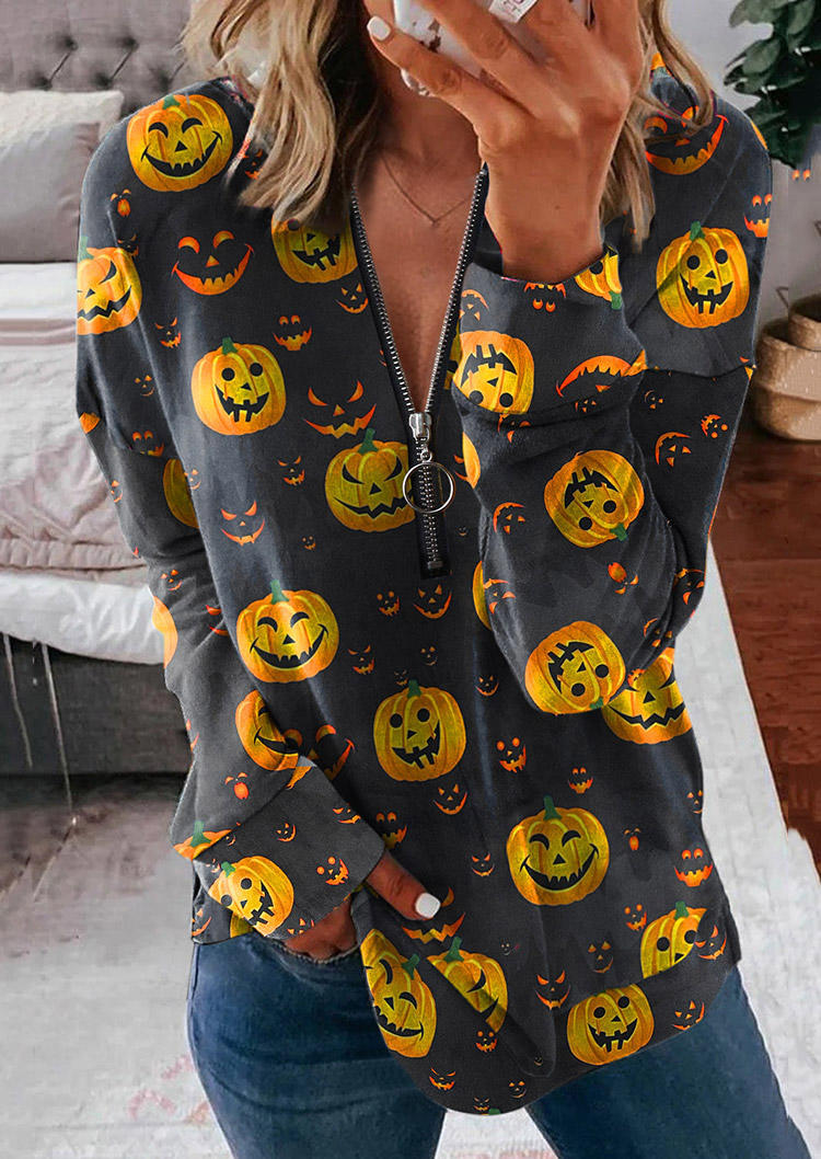 

Halloween Pumpkin Face Zipper Sweatshirt, Multicolor, SCM005694