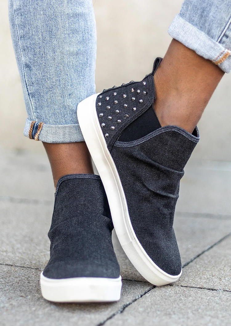 

Rivet Slip On Canvas Sneakers - Black, SCM005707