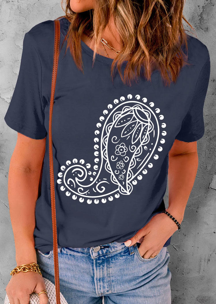 

Paisley O-Neck Casual T-Shirt Tee - Blue, SCM005744