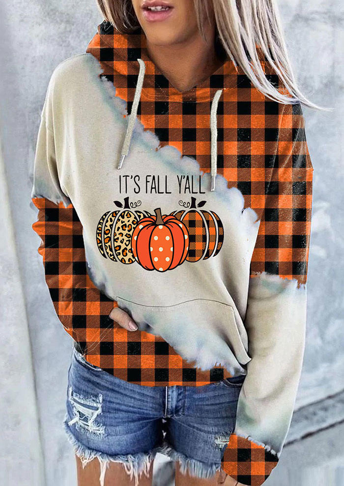 

It' Fall Y'all Leopard Plaid Pumpkin Kangaroo Pocket Hoodie, Multicolor, SCM005767