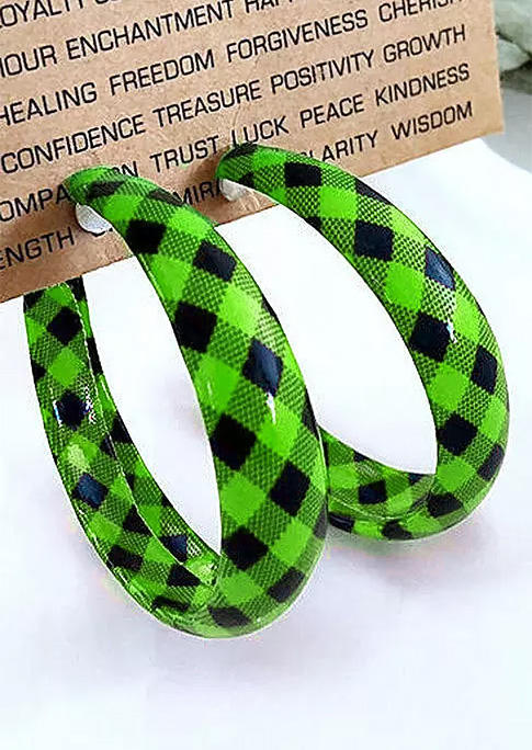 

Women's Plaid Round Leather Earrings, Green, 523105