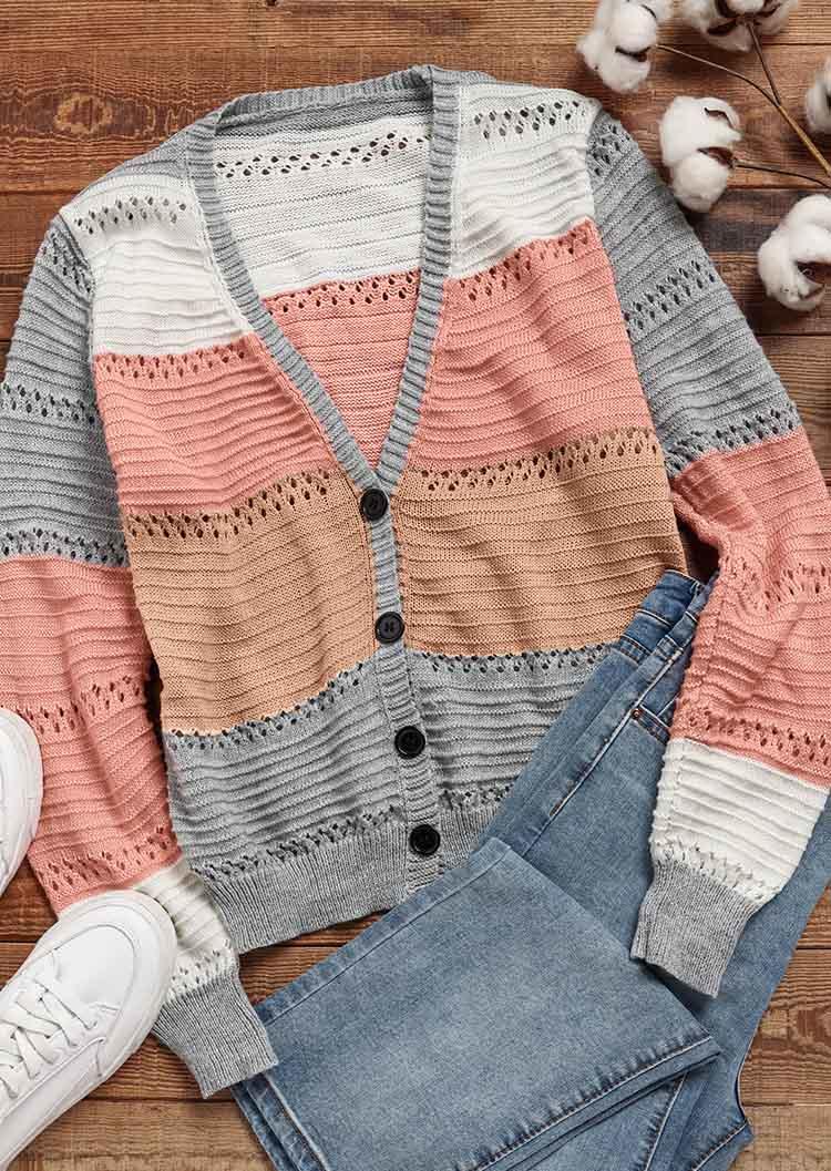 Color Block Button Hollow Out Sweater Cardigan