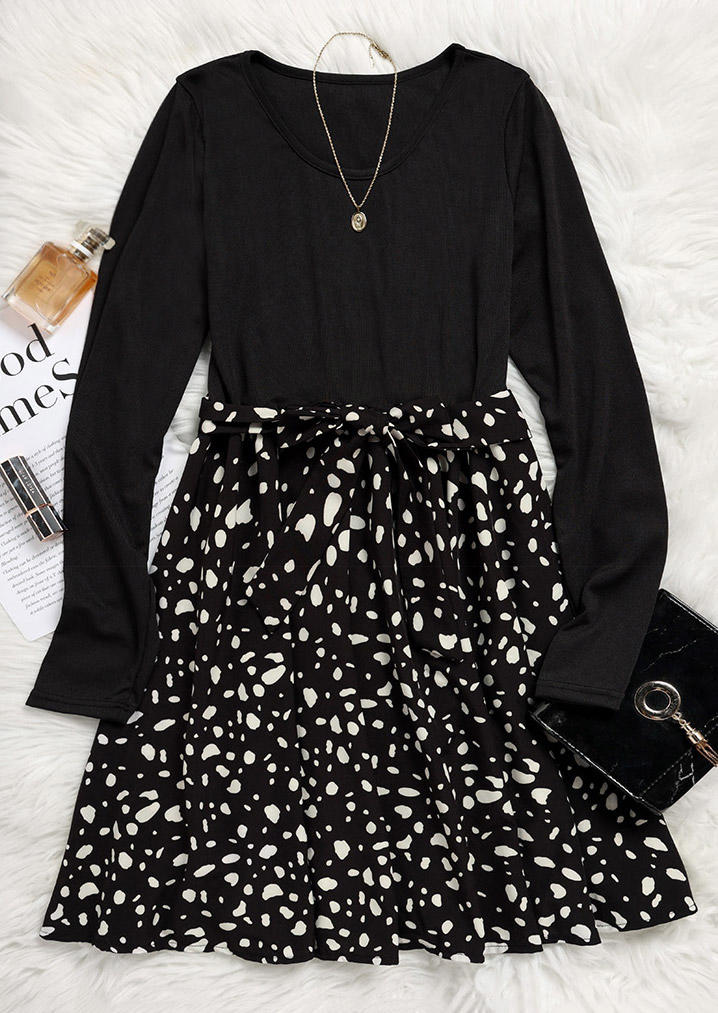 Dot Long Sleeve O-Neck Mini Dress - Black