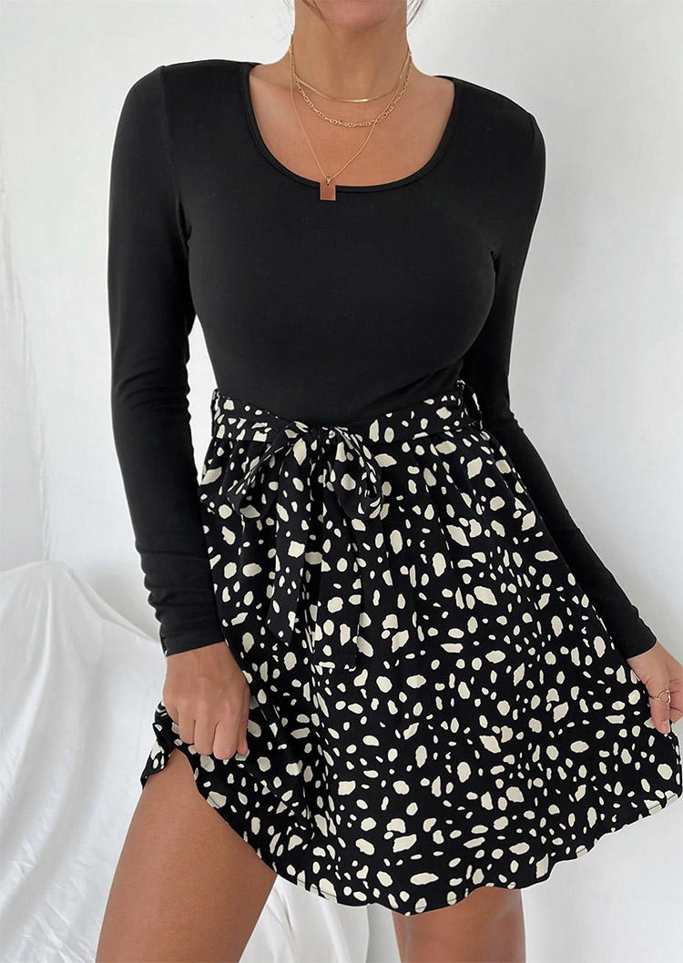 Dot Long Sleeve O-Neck Mini Dress - Black
