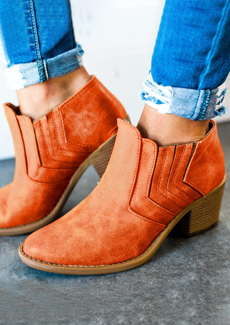Solid Round Toe Heeled Boots - Orange
