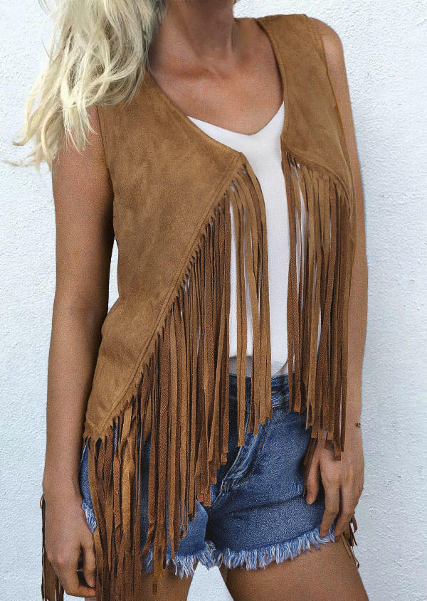

Tassel Sleeveless Vest Coat - Khaki, SCM005607