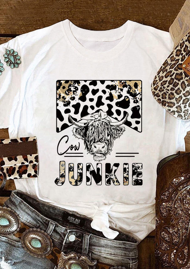 

Cow Junkies Highland Cattle O-Neck T-Shirt Tee - White, SCM005658