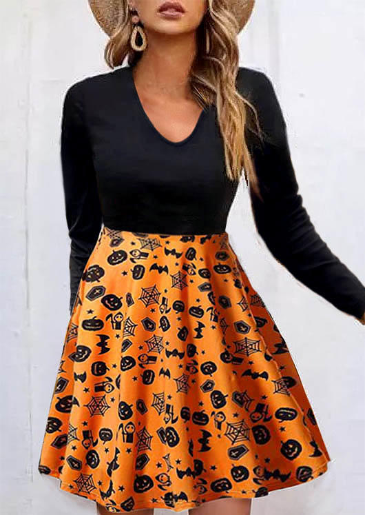 Halloween Pumpkin Face Bat Long Sleeve Mini Dress - Black