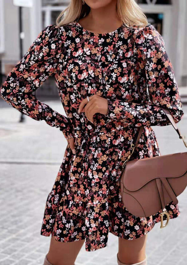 Floral Button Long Sleeve Mini Dress - Black