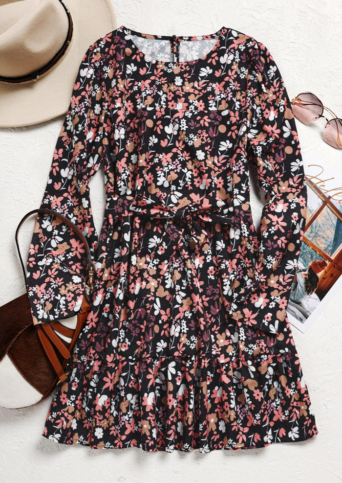 Floral Button Long Sleeve Mini Dress - Black