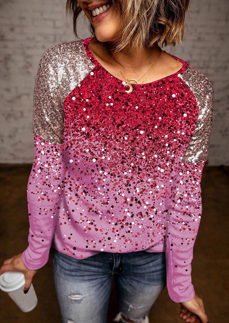 Gradient Glitter O-Neck Casual Blouse - Pink