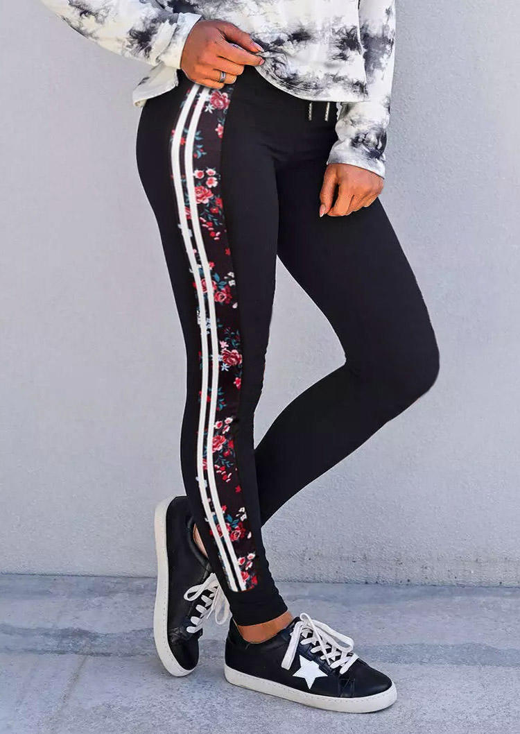 

Floral Striped Elastic Waist Leggings - Black, SCM005749