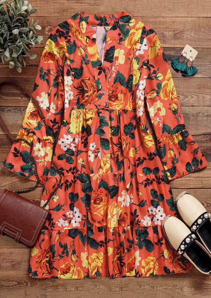 Floral Button Ruffled Mini Dress - Orange