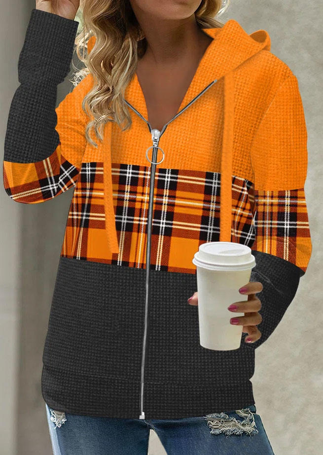 

Color Block Plaid Zipper Long Sleeve Hoodie - Orange, SCM005933