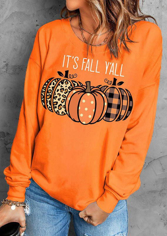 

It' Fall Y'all Leopard Plaid Dot Pumpkin Sweatshirt - Orange, SCM006050
