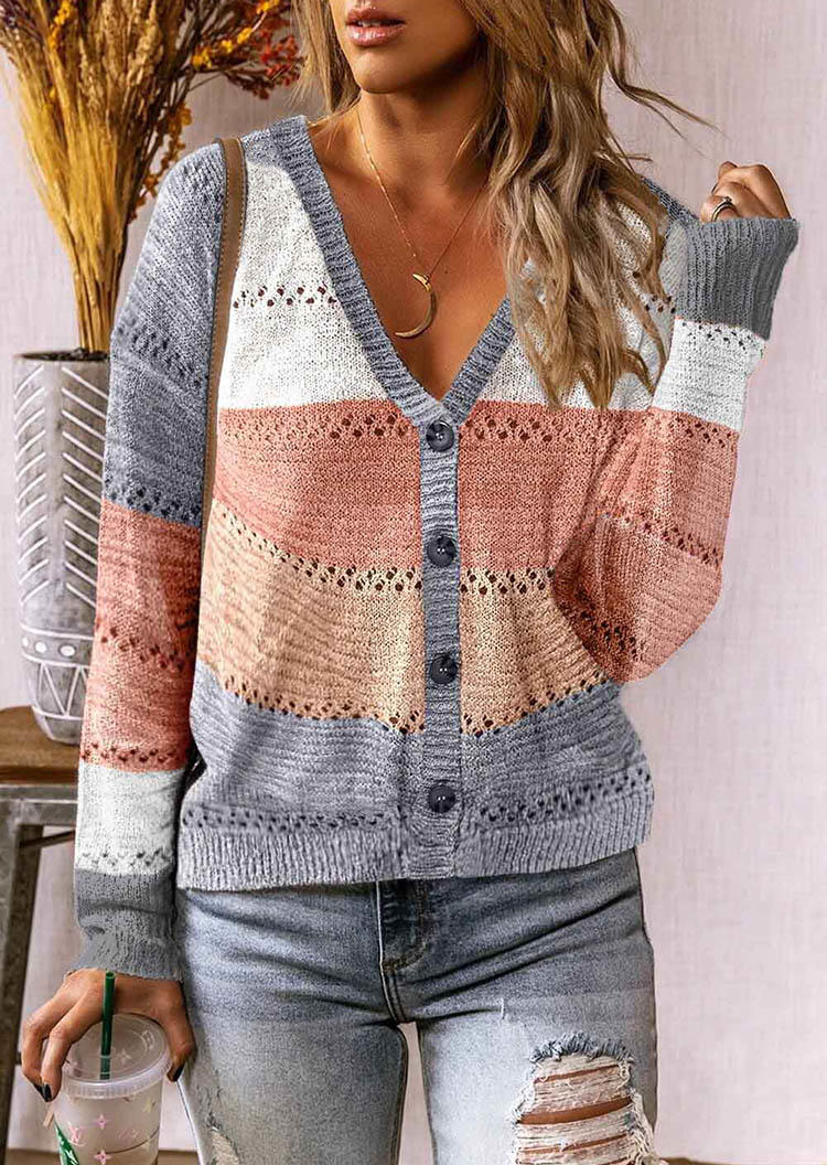 

Color Block Button Hollow Out Sweater Cardigan, Multicolor, SCM005296