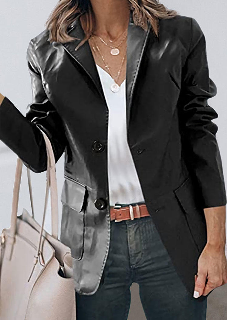 

Pocket Button PU Leather Turn-Down Collar Blazer Coat - Black, SCM005322