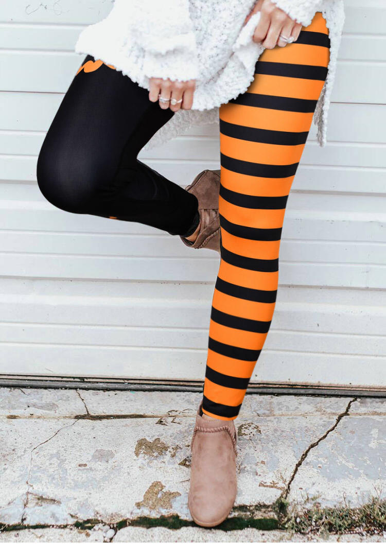 Halloween Pumpkin Face Striped Elastic Waist Leggings - Orange