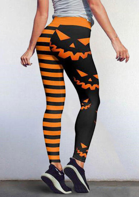 

Pumpkin Face Striped Elastic Waist Leggings - Orange, SCM005353