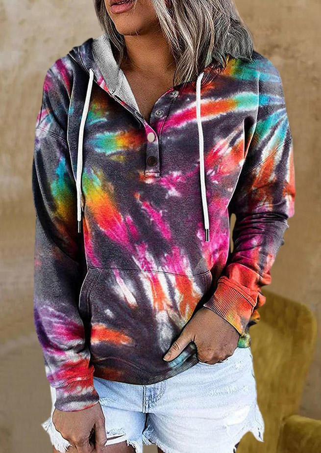 

Tie Dye Button Kangaroo Pocket Hoodie, Multicolor, SCM005688