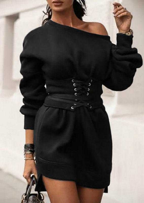 Criss-Cross Long Sleeve Sweatshirt Mini Dress With Belt - Black