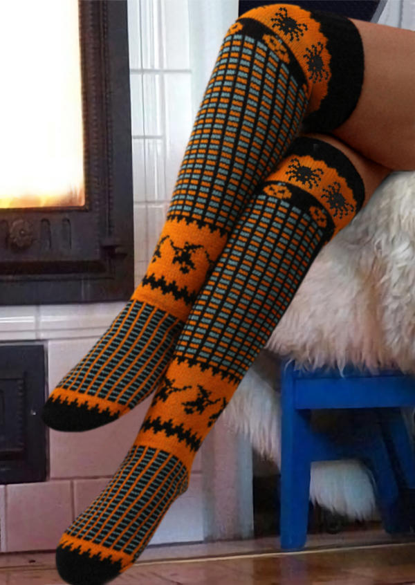 

Halloween Pumpkin Face Over Knee Extra Long Knitted Socks - Orange, SCM005814