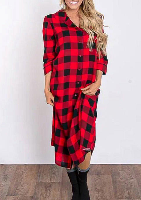 Buffalo Plaid Button Slit Shirt Maxi Dress